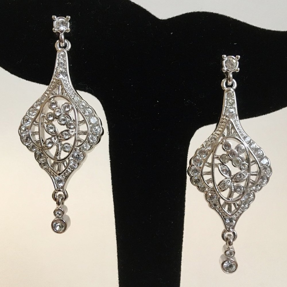 Nolan Miller Earrings Crystal Rhinestone Flowers Silver Metal Post Pierced Drop